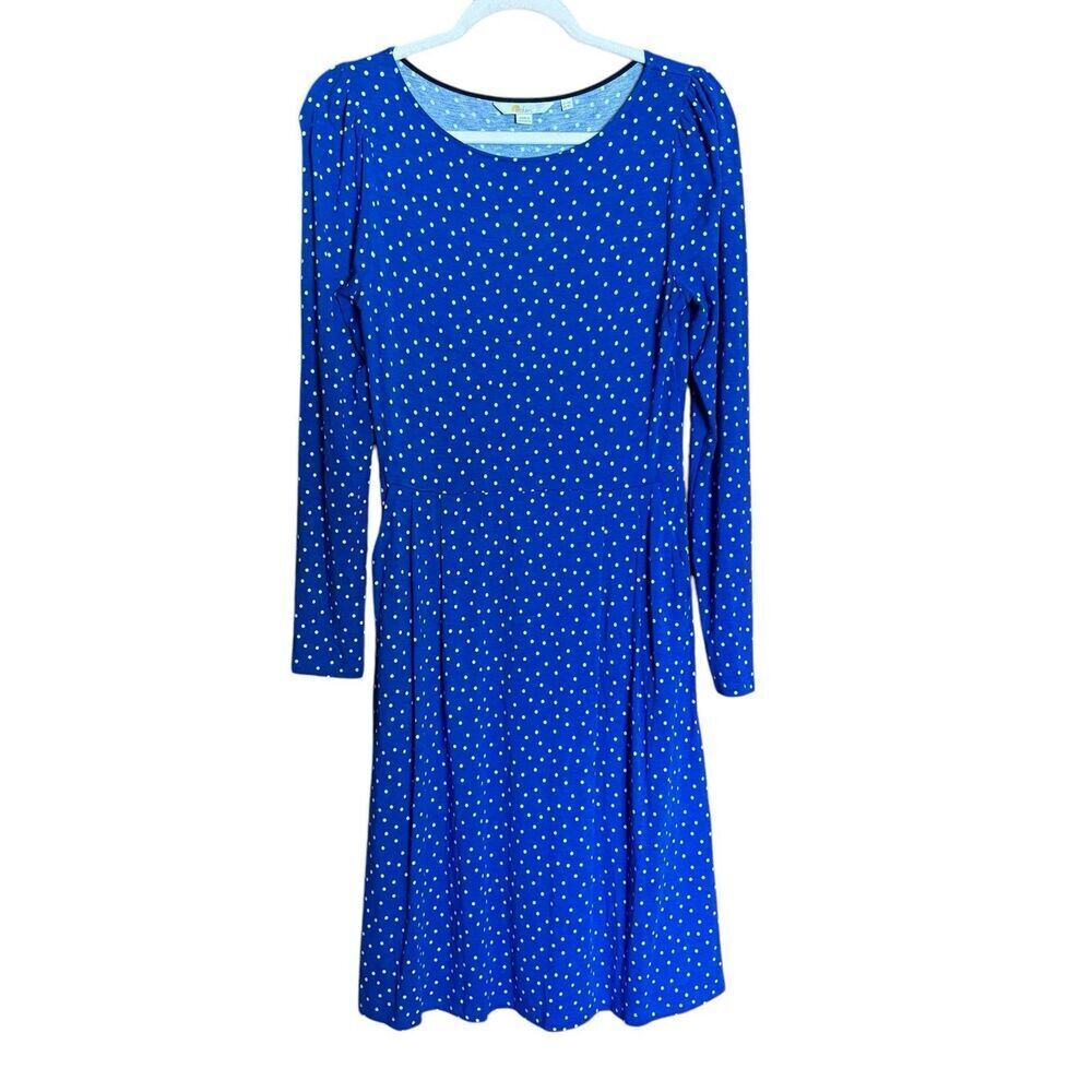Boden Francesca Jersey Knit Dress Womens 12L Blue White Polka Dot Pockets
